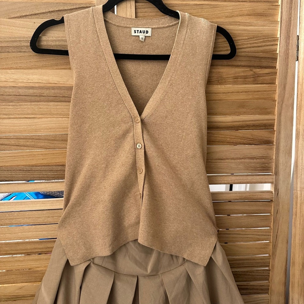 STAUD Madeline layered cotton and cashmere-blend pleated crepe midi dress size S - Picture 6 of 11